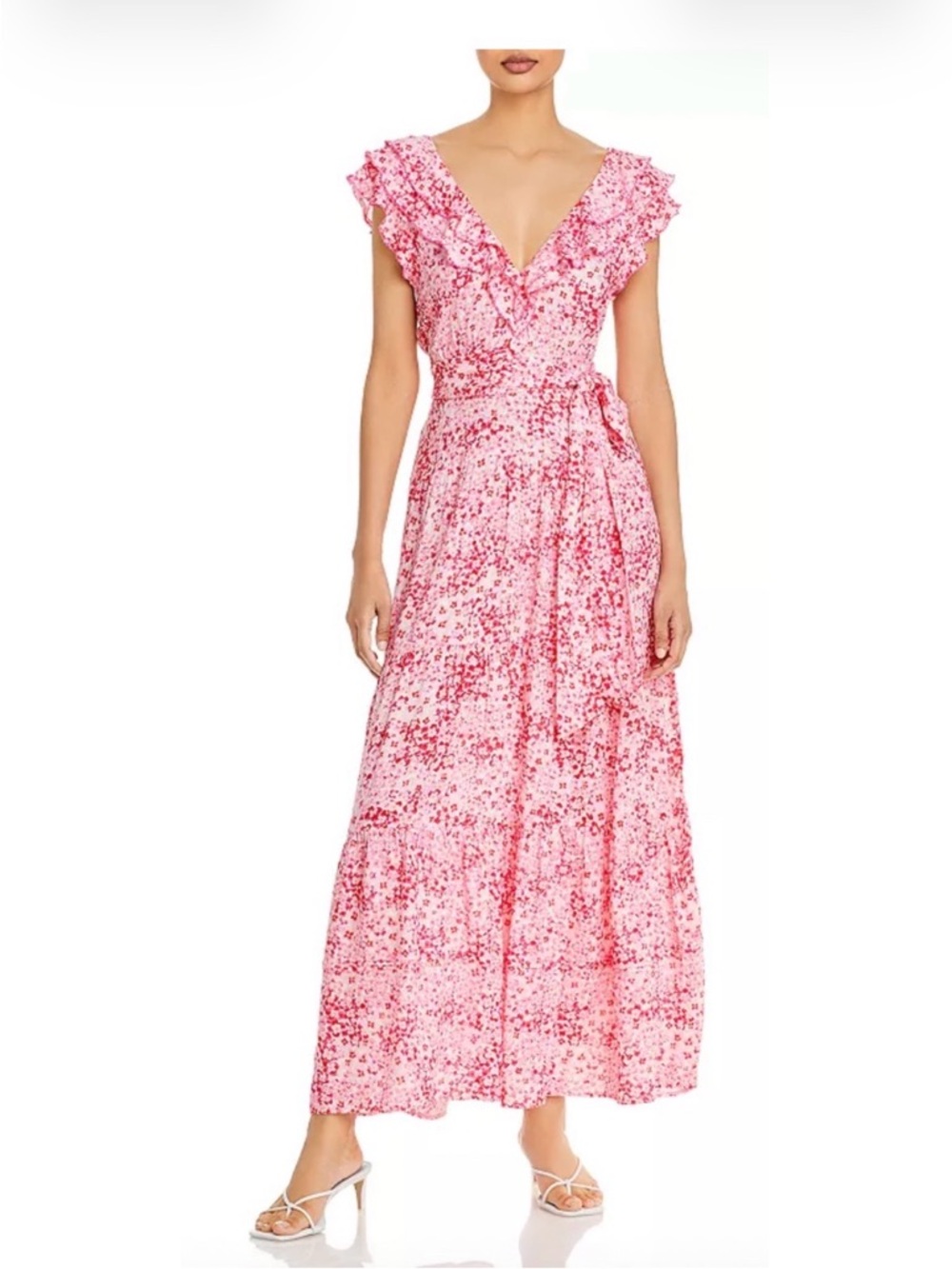 NWT Poupette St. Barth Pink Ditsy Floral Tiered Ruffle Maxi Dress Small